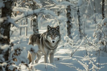 Obraz premium Wild gray wolf standing in snowy forest habitat during winter