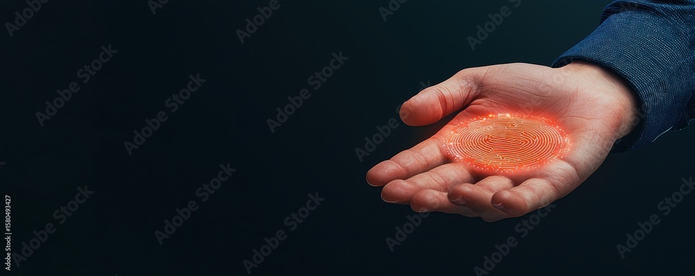 Poster a hand holding a glowing, digital fingerprint scan symbolizing biometric security and identity verif