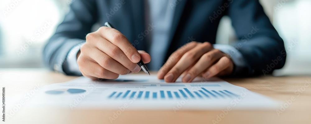Poster a person in business attire analyzes financial charts and graphs on paper with a pen, focusing on da