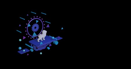 White lion symbol on a pedestal of abstract geometric shapes floating in the air. Abstract concept art with flying shapes on the left. 3d illustration on black background