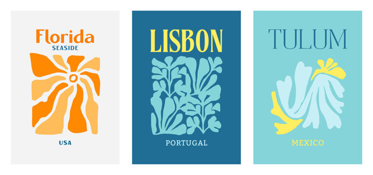 Retro Print Vintage Florida Preppy Wall Art Poster Set, Lisbon and Tulum Summer Slogan Vector Illustration Aesthetic Cutout Shapes Colorful Irregular Paper Cut Collage Mid Century Interior Design