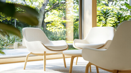 Fototapeta premium Modern living space featuring two stylish armchairs and round coffee table, bathed in natural light from large windows, creating serene atmosphere