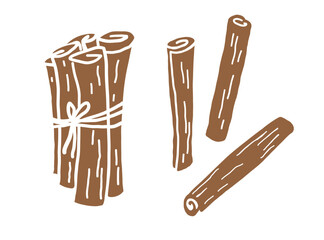 Cinnamon sticks, bark brown spice hand drawn. Set with rolled Cinnamons. Heap Spicy seasoning, condiment aromatic ingredient for cooking, backing, food. Vector illustration on isolated background