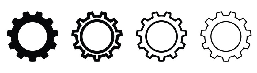 Four Simple Gear Icons: Black Filled, Black Outline, Vector Illustration of Cogwheels, wheel, and settings.