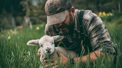 Close-up of an organic farmer kneeling beside a lamb in a green field, caring for the animal and maintaining a wholesome farming environment.