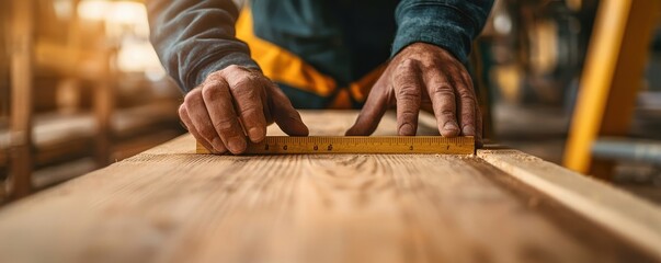 A close-up of a person measuring wood with a ruler, showcasing detailed craftsmanship in a woodworking workshop.