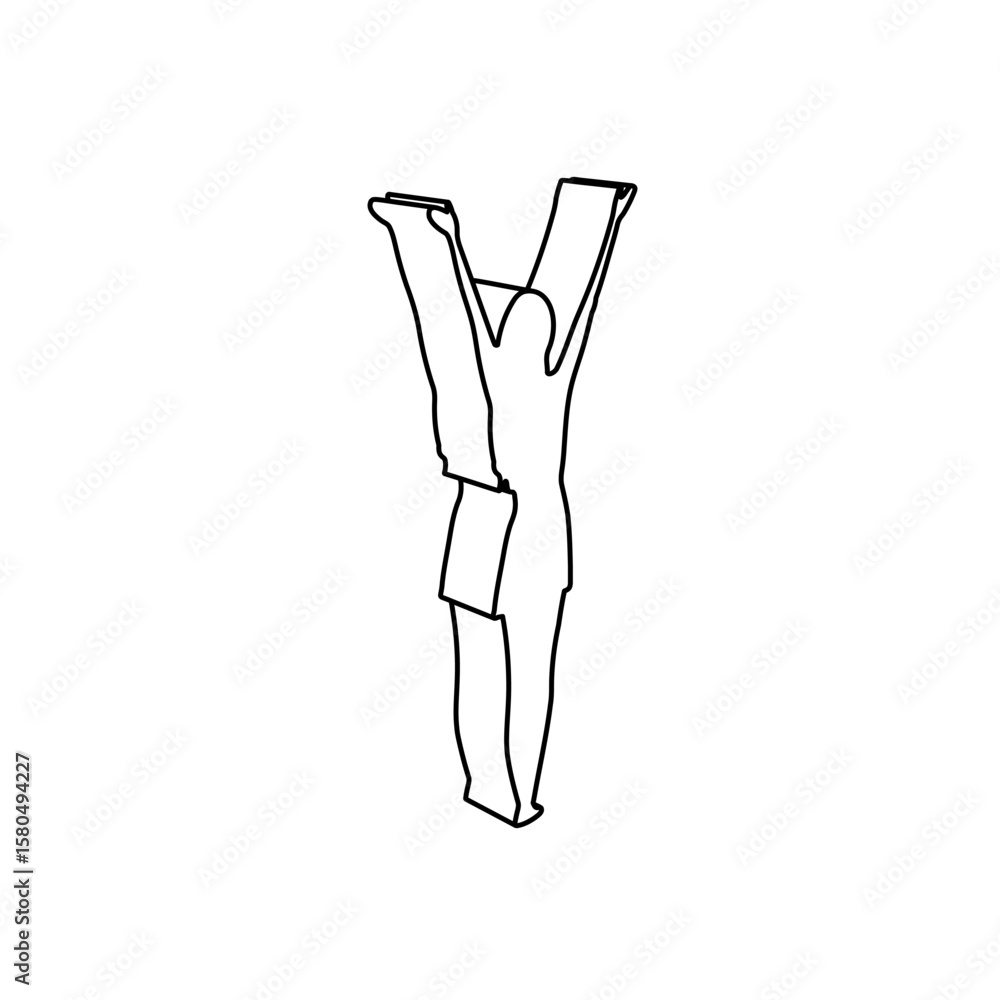 Poster the outline of a large woman with hands up symbol is made with black lines. 3d view of the object in