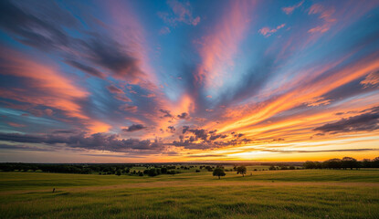 Painted Sky at Dawn: Witness a breathtaking tapestry of light and color as the morning sky explodes in vibrant hues. The rolling landscape adds depth to this stunning natural display.