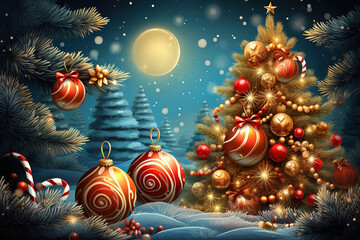 Creative composition showcasing Merry Christmas greeting with festive ornaments