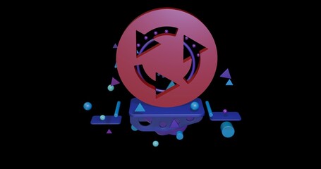 Red roundabout sign on a pedestal of abstract geometric shapes floating in the air. Abstract concept art with flying shapes in the center. 3d illustration on black background