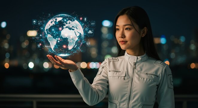 Young Woman Holding a Digital Globe Representing Global Connectivity and Technology - Powered by Adobe