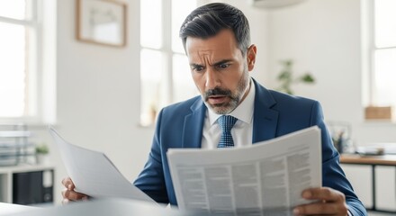 Surprised man with wide eyes examines important document receiving unexpected news, concept for illustrating surprising financial news, reacting to business problem impacts and showing unexpected