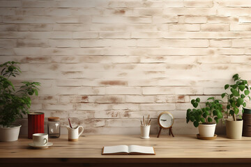 Comfortable vintage office setting with supplies on a white table and a rustic brick wall