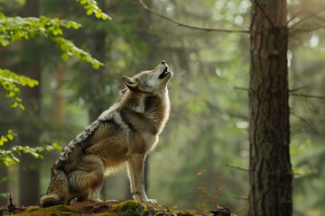 Obraz premium Gray wolf howling in a sunlit forest at dawn