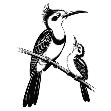 Black and white vector illustration of a jacamar mother and baby looking up together, depicting a tender family moment