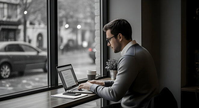 A remote worker is sitting at cafeteria and typing report or project on a laptop while sitting in coffee shop