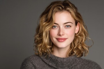 Portrait of a Smiling Young Woman with Curly Blonde Hair