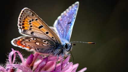 Obraz premium Close up macro shot of a beautiful butterfly on a flower nature wildlife insect wings