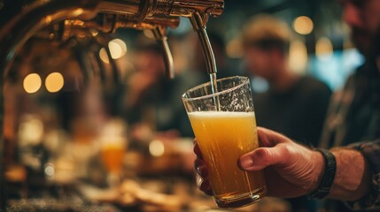 Close-up of male hands pouring fresh beer from the tap into a glass, with a busy bar atmosphere in the background and a customer waiting.