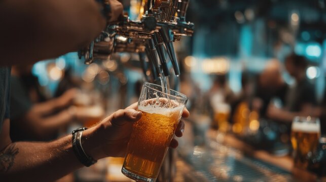 Close-up of male hands pouring fresh beer from the tap into a glass, with a busy bar atmosphere in the background and a customer waiting.