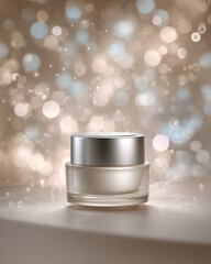 Luxurious cream jar elegantly displayed in soft, blurred background filled with shimmering bokeh lights. delicate design and smooth surface evoke sense of sophistication and beauty