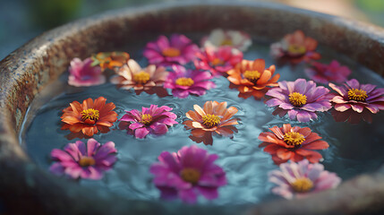 Vibrant Zinnia flowers in shades of pink, orange, and purple, elegantly float on tranquil water within a rustic pot, creating a calming, picturesque display