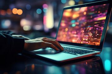 Stylish laptop scene showing a person typing messages and searching for information online