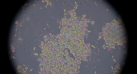 High power microscope image displays a population of varied bacteria and small cellular structures, concept for scientific laboratory experiments, health sector information, and academic science