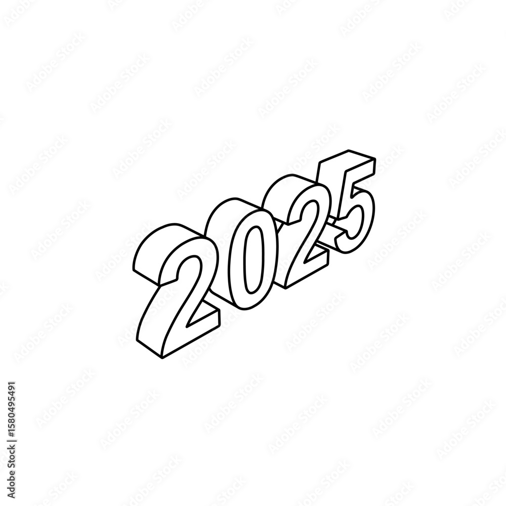 Poster the outline of a large 2025 year symbol is made with black lines. 3d view of the object in perspecti