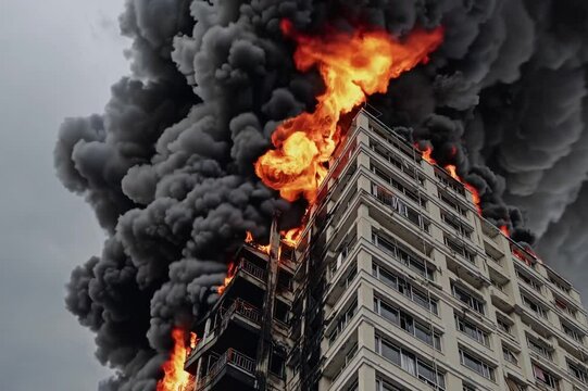 High-rise building engulfed in flames with thick black smoke billowing into the sky during an emergency situation