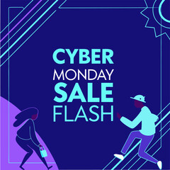 Cyber monday sale flash with people shopping in a blue and purple themed promotional graphic design poster