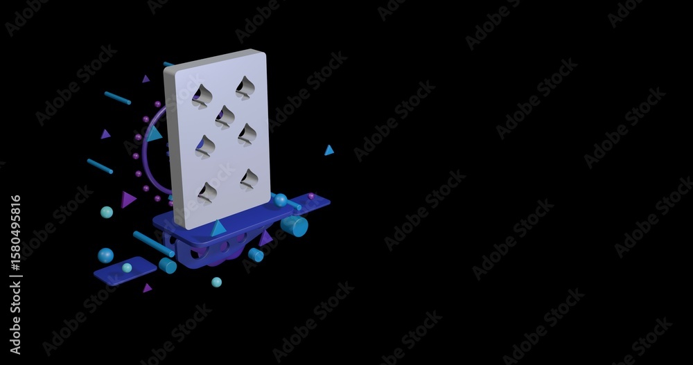 Poster white seven of spades playing card on a pedestal of abstract geometric shapes floating in the air. a