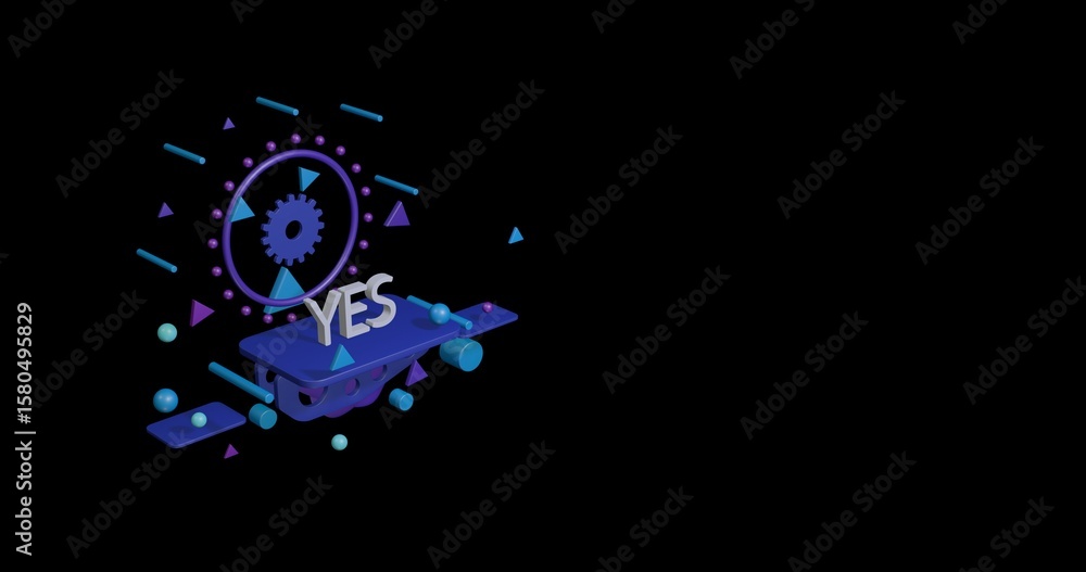 Poster white yes symbol on a pedestal of abstract geometric shapes floating in the air. abstract concept ar