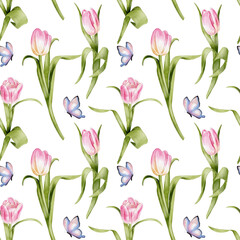 Obraz premium Tulips and butterflies seamless pattern, hand-drawn watercolor illustration on white background. Perfect for spring textiles, wallpapers, gift wrap, and invitations.