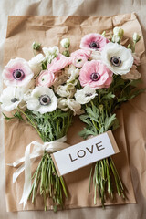 Elegant White and Pink Anemone Bouquet on Brown Paper
