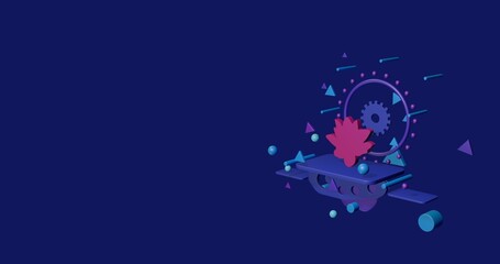 Pink lotus flower on a pedestal of abstract geometric shapes floating in the air. Abstract concept art with flying shapes on the right. 3d illustration on indigo background