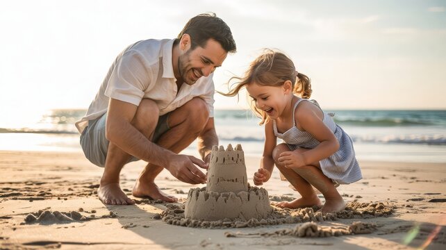 Happy father and daughter building a sandcastle on the beach at sunset. - Powered by Adobe