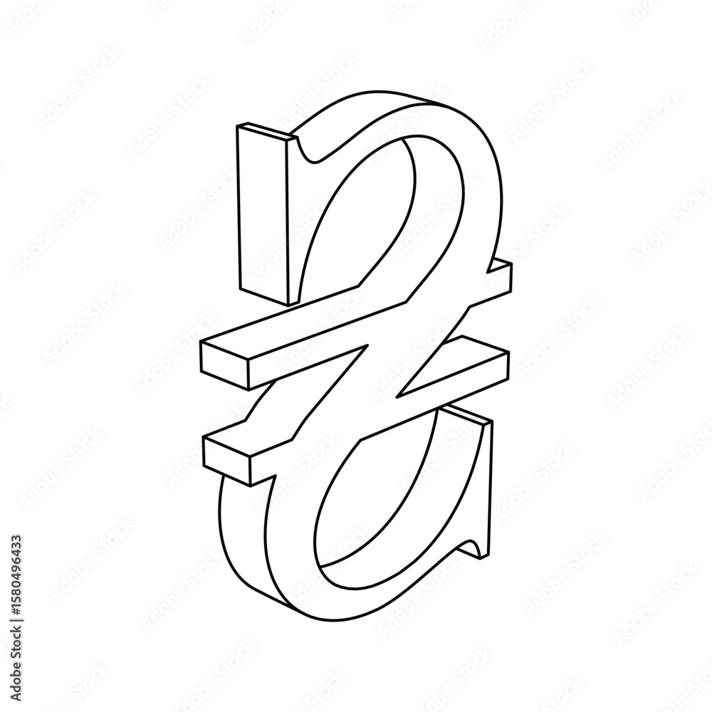 Poster the outline of a large hryvnia symbol is made with black lines. 3d view of the object in perspective