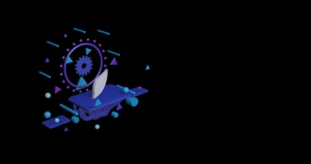 White leaflet symbol on a pedestal of abstract geometric shapes floating in the air. Abstract concept art with flying shapes on the left. 3d illustration on black background
