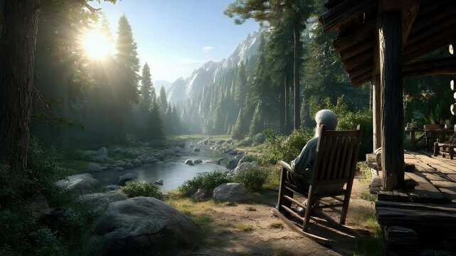 Peaceful forest scene with man on porch