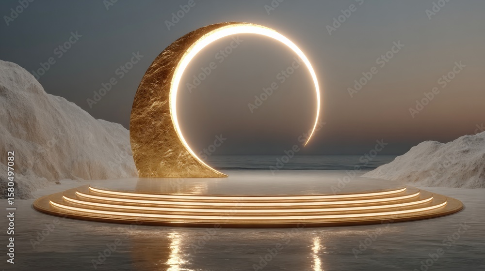 Poster golden stage of illumination: a mesmerizing view of a luminous golden stage and a semi-circular ligh