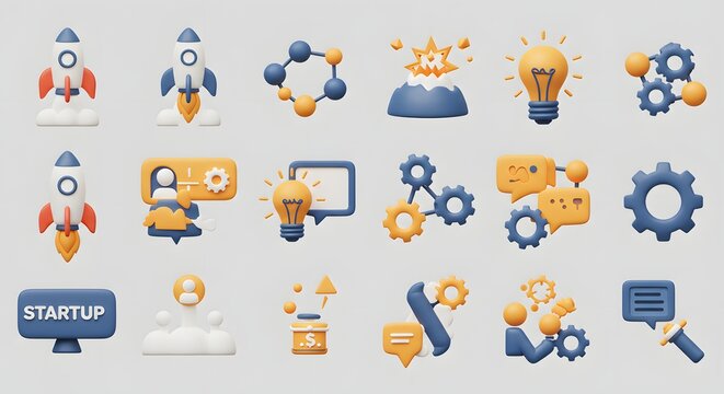 Collection of Creative Business Startup Icons Featuring Rocket, Lightbulb, and Gears in Blue and Orange