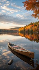 Obraz premium Serene wooden canoe floats on a calm lake reflecting colorful autumn foliage and cloudy sky at sunrise