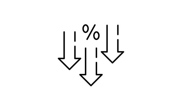 Three outlined arrows and a percent sign moving downwards. Price reduction, discounts and sales