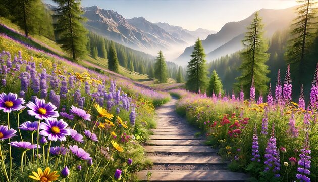 A sun-drenched mountain valley path, lined with vibrant wildflowers and towering pines, leads into a misty mountain range. - Powered by Adobe