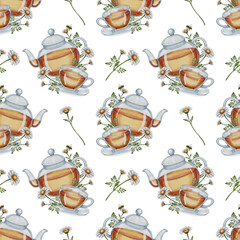Seamless pattern with glass teapot, cups of chamomile tea, and chamomile flowers. Hand-drawn botanical illustration. Watercolor painting Great for textile, packaging, and herbal product design.