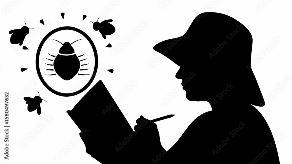 Poster silhouette of person with hat writing in notebook near bug icon and flying insects in black and whit