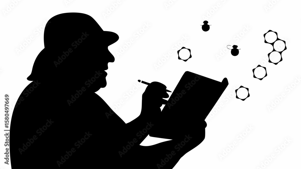 Poster silhouette of a beekeeper writing in a notebook with bees and honeycomb shapes around him in black a