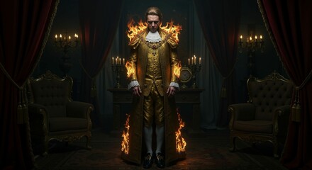Obraz premium Opulent torment: Golden figure engulfed in flames within a stately setting