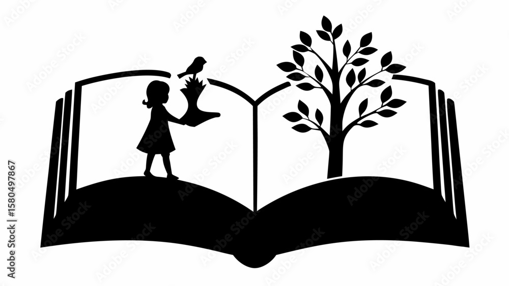 Aufkleber silhouette of a girl with a bird and a tree inside an open book representing imagination and nature 